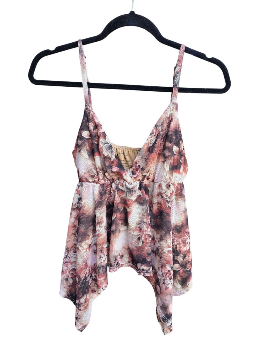 Sweet Lilac Floral Mesh Handkerchief Hem Cami Top Medium